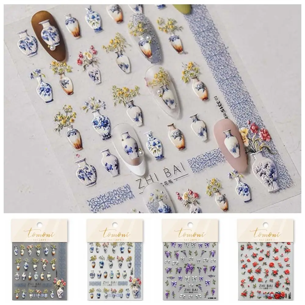 Pegatinas de flores chinas para uñas, adornos de manicura, Serie de flores, jarrón de porcelana, calcomanías para uñas, glicina púrpura