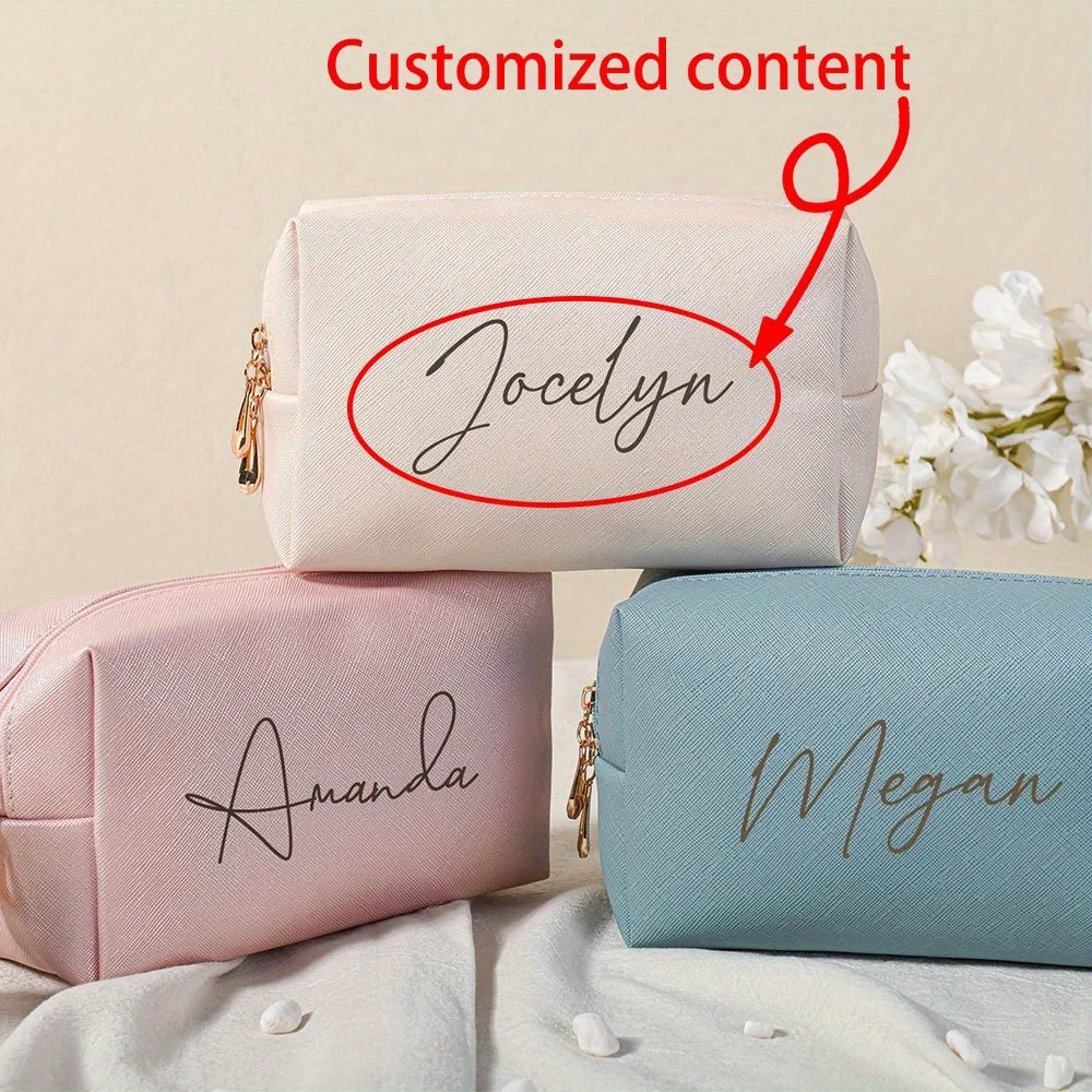 Custom Name Pink PU Makeup Bag, Personalized Cursive Letter Cosmetic Pouch, Portable Travel Toiletry Organizer Bag Gift for Lady