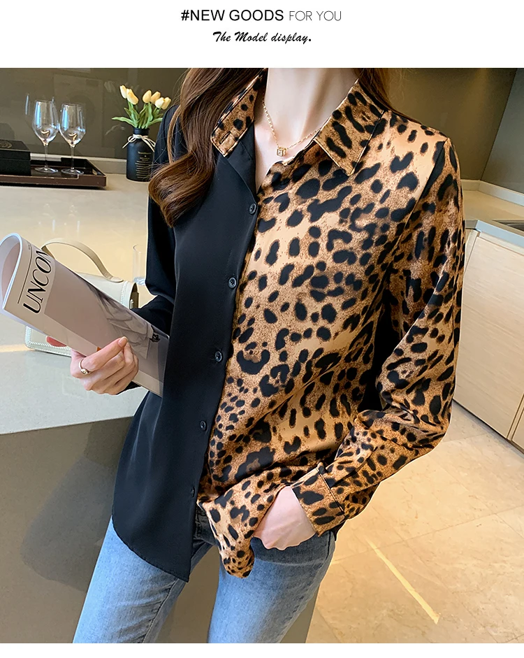 Contrast Leopard Shirt for Women Long Sleeve Turn-down Collared Button Up Blouse Ladies Spring Summer Fashion Outfit