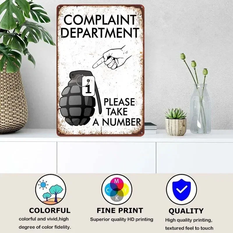 COMPLAINT DEPT GRENADE Retro Metal Signs Vintage Home Decor Items Poster Office Wall Decoration Decor for Room Art Mural Bedroom