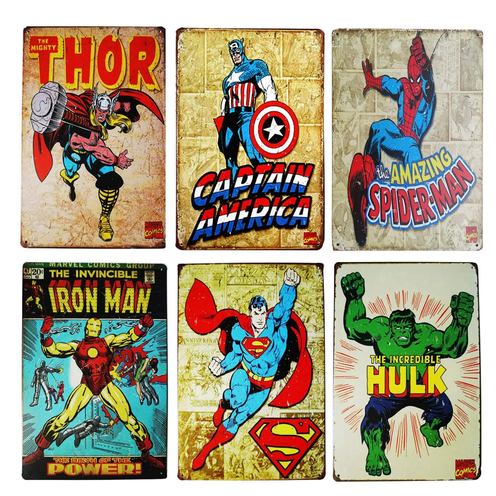 TISOSO Vintage Superhero Tin Sign Comics Distressed Christmas Retro Metal Wall Coffee & Bar Decor Gift for Kids 6pcs-8x12inc