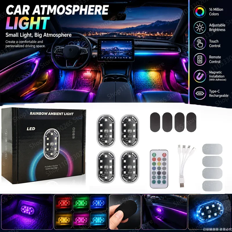 Rechargeable magnetic RGB interior light, LED ambient light with remote control, easy to install on car footwell console