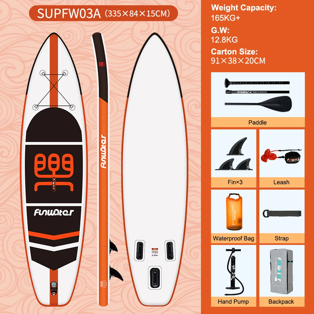 Tabla de Paddle Surf Inflable Funwater de 11' (335 cm), Diseño Deportivo Naranja, para Turismo, Yoga, Ancha y Estable, con Kit