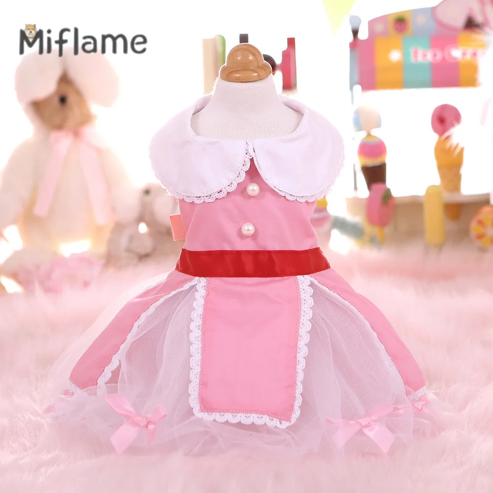 Miflame Cute Print Small Dogs Clothes Yorkies Bichon Schnauzer Lace Trim Puppy Dress Hemmed Pet Dog Skirt For Dog Cat Clothing