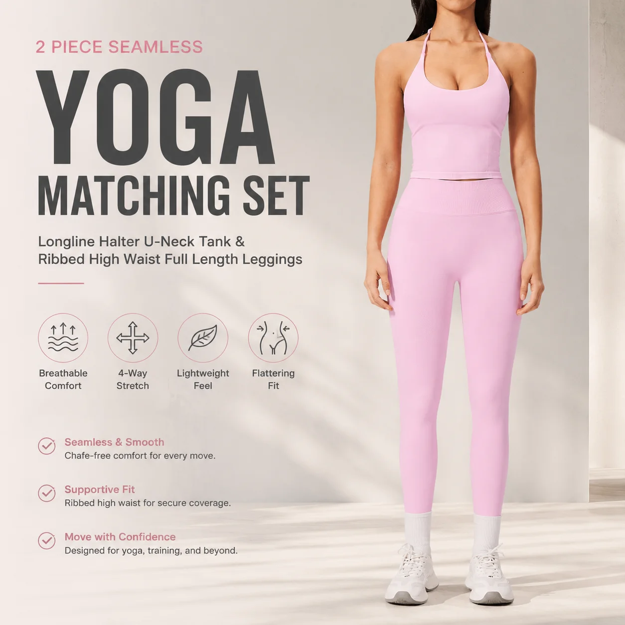 Women's Halter Longline Crop Top & High-Waist Seamless Leggings Set Matching Gym Outfit with Ribbed Tummy Control Waistband