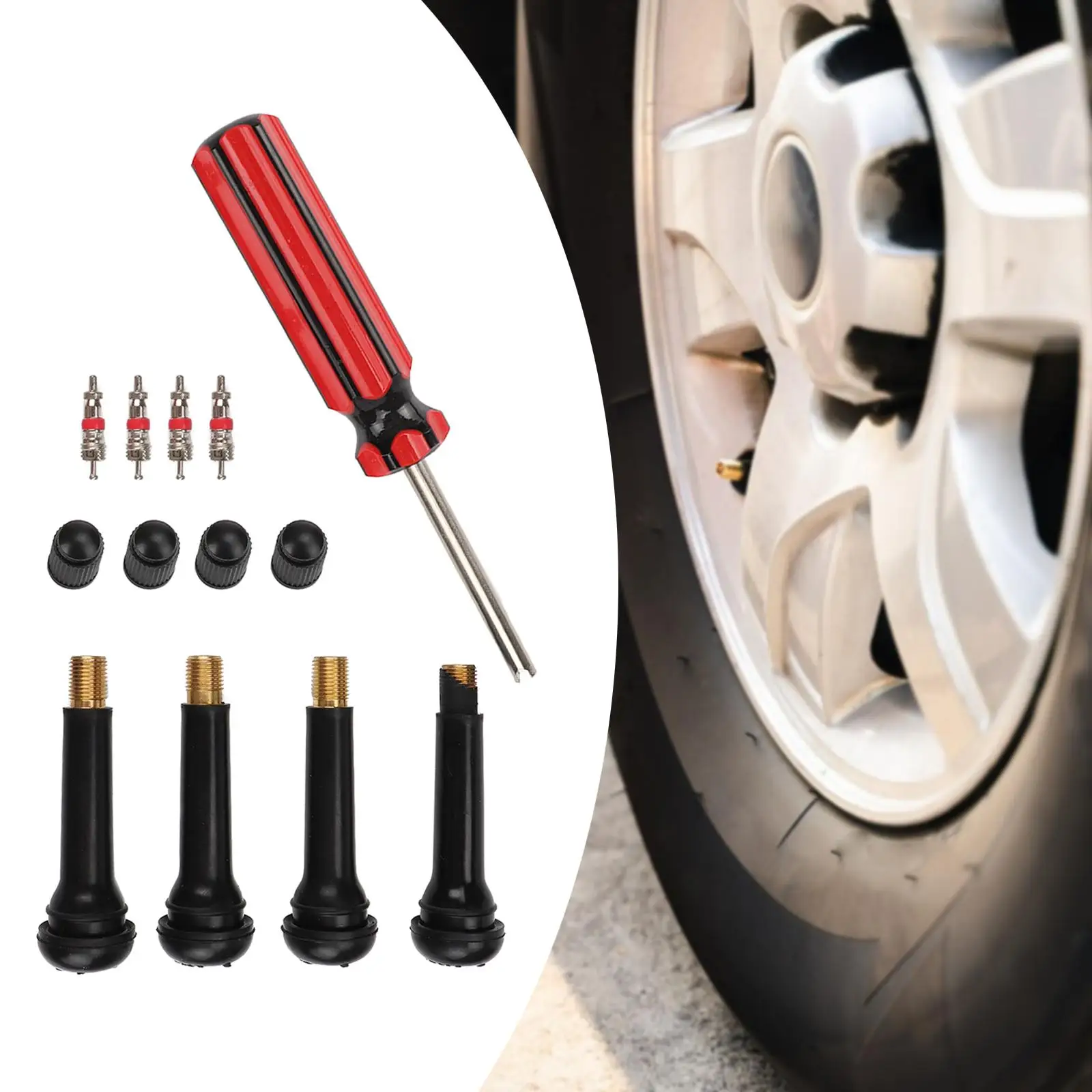 Valve Core Installer Tool Tire Maintenance Tool with 4 Valve Cores for Motorbike Motorcycle Wheel Tire Repairing Car Auto