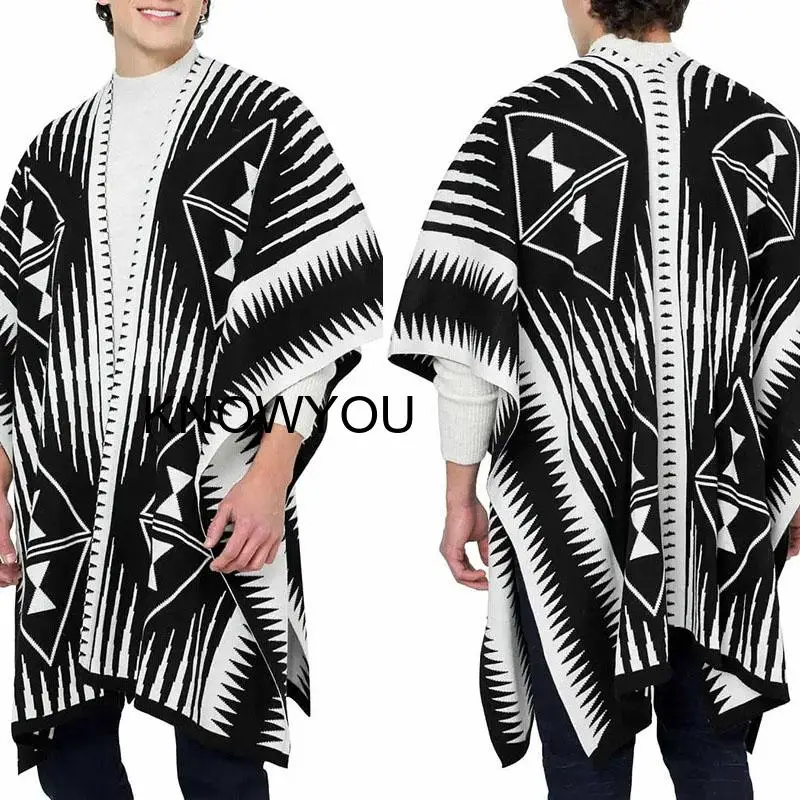 

Autumn Winter Men Cape Adult Outdoor Shawl Knitted Vintage Ethnic Pattern Printed Poncho Windbreaker Ladies Hooded Cloak Jackets