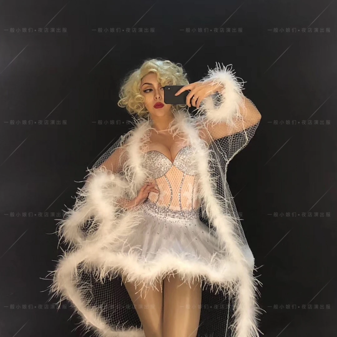 Customized nightclub bar DJ stage outfit, Ice and Snow Queen white ballet jumpsuit, puffy dress, DSgogo performance outfit