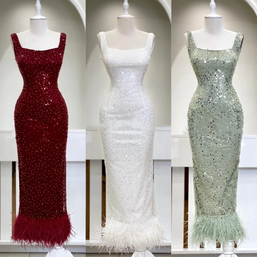 Customized  Sequin Feather Draped Pleat Beach A-line Square Collar Bespoke Occasion Gown Midi Dresses  Sexy Casual 