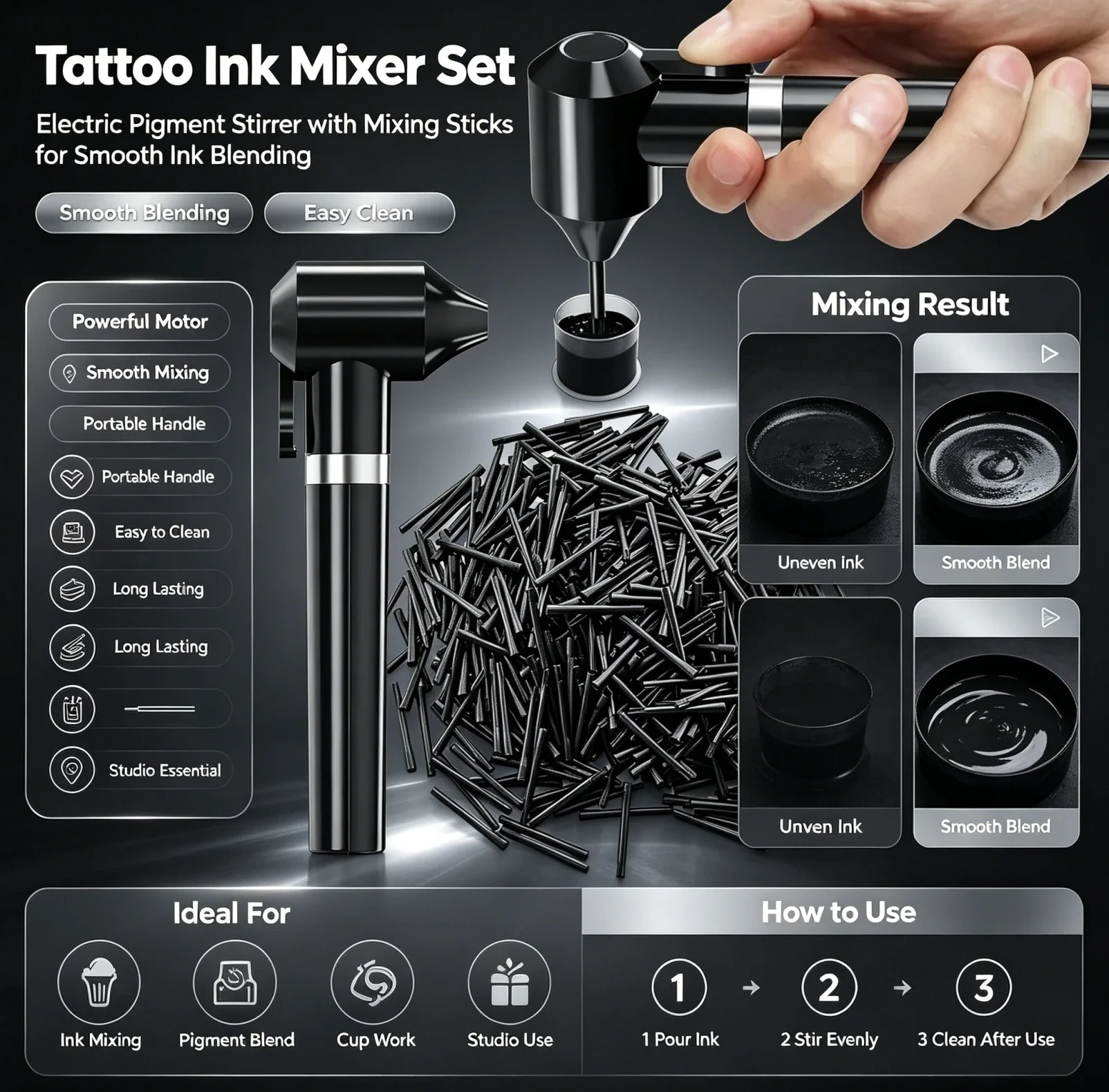NARKASY Tattoo Ink Mixer Tattoo Pigment Mixer Machine with 100Pcs Mixing Sticks Eyebrow Color Makeup Tattoo Ink Pigment Black