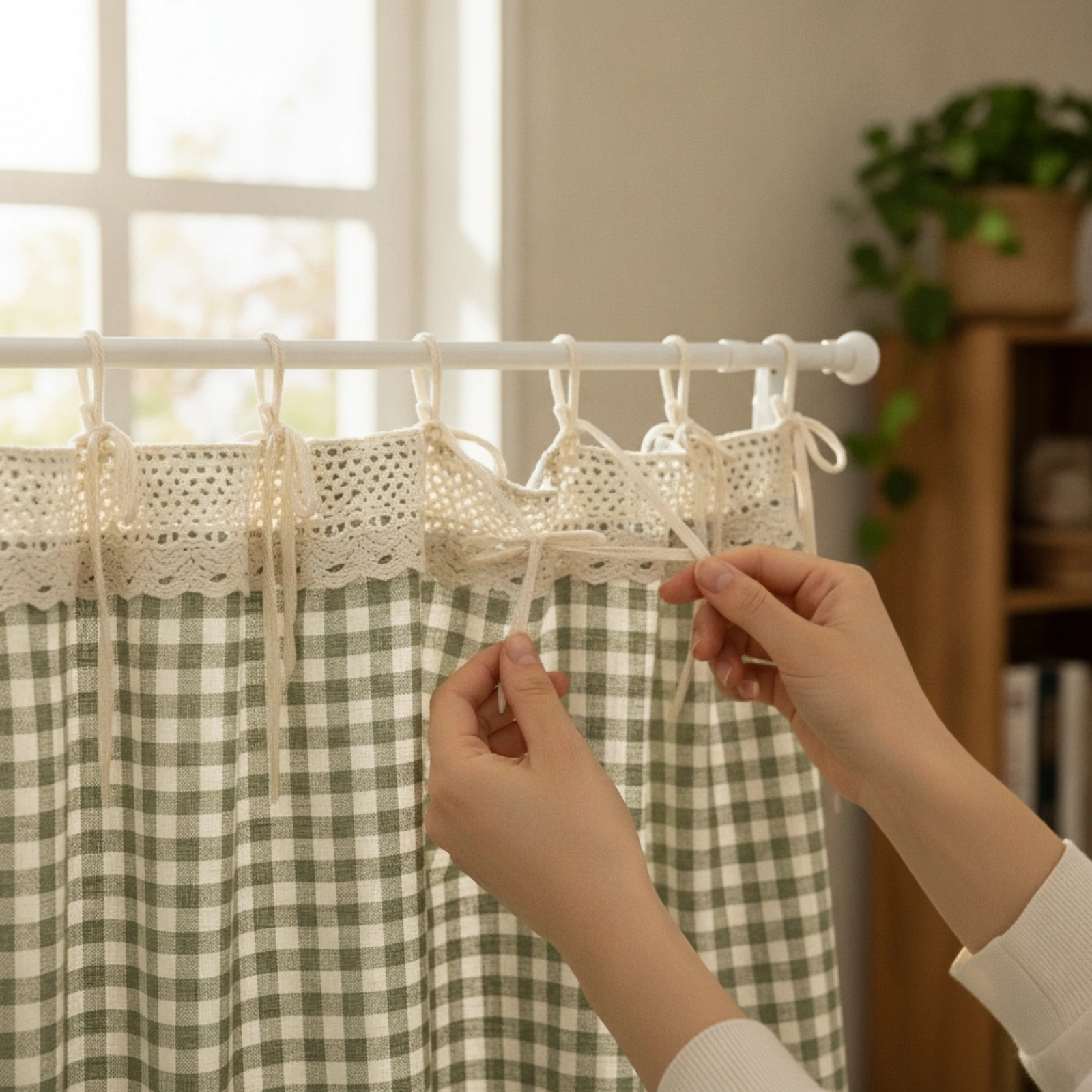Gingham Curtain Checkered Tie Top Curtain Gingham Curtains Farmhouse Drapes Airy for Cabinet, Doorway