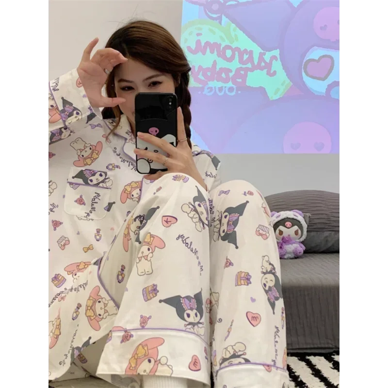 Sanrio Kulomi pijamas de seda de otoño para mujer, pantalones de manga larga de algodón puro con dibujos animados, conjunto de pijamas informales sueltos