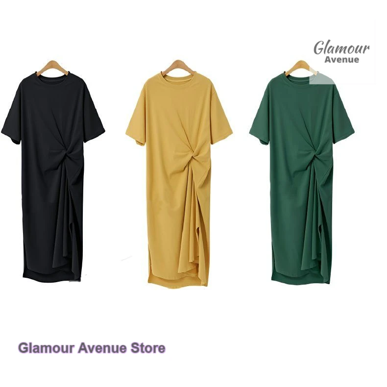 French style fashion casual niche dress female summer new loose solid color high sense temperament Joker long T-shirt skirt.