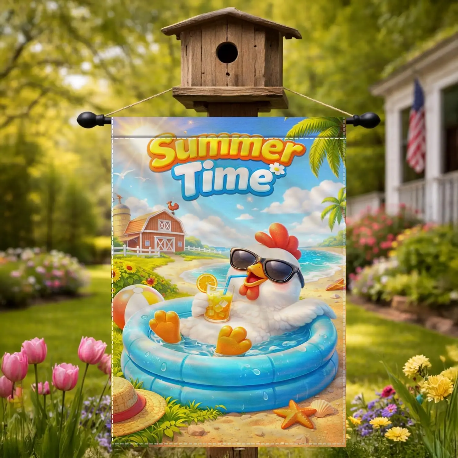 Summer Time Chicken Pool Beach Garden Flag 12x18 inch Funny Farm Animal Double Sided Polyester Yard Outdoor Decor MMZ