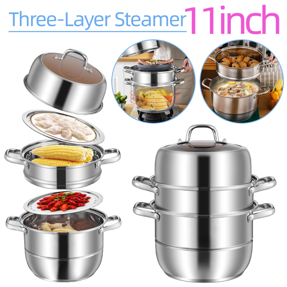 

11inch 3 Tier Stainless Steel Steamer Potwith Lid Handle Cookware Pot Thick Food Steamer for Vegetable Dumpling Stock Sauce Food