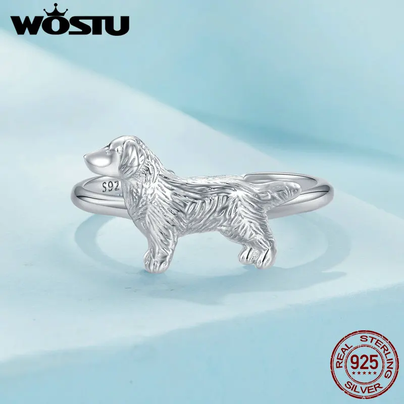 WOSTU 925 Sterling Silver Golden Retriever Dog Adjustable Rings for Women Lovely 3D Pet Animal Ring Girl Birthday Family Gift