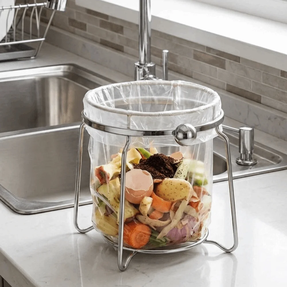 Durable Stainless Steel Trash Bag Holder Rust-proof Anti-slip Garbage Bag Stand Wide Opening Sink Garbage Organizer Kitchen Use
