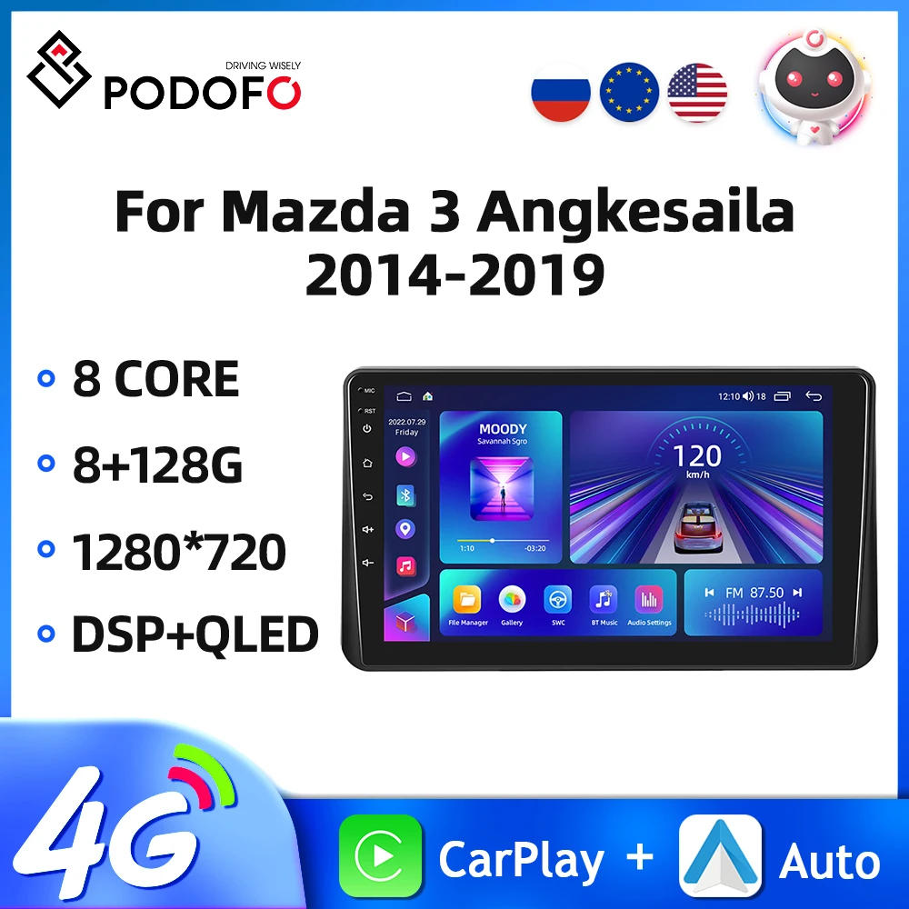 Podofo Android 9'' Car Radio For Mazda 3 Angkesaila 2014-2019 2Din Automotive Multimedia Carplay GPS Navigation WIFI Car Audio