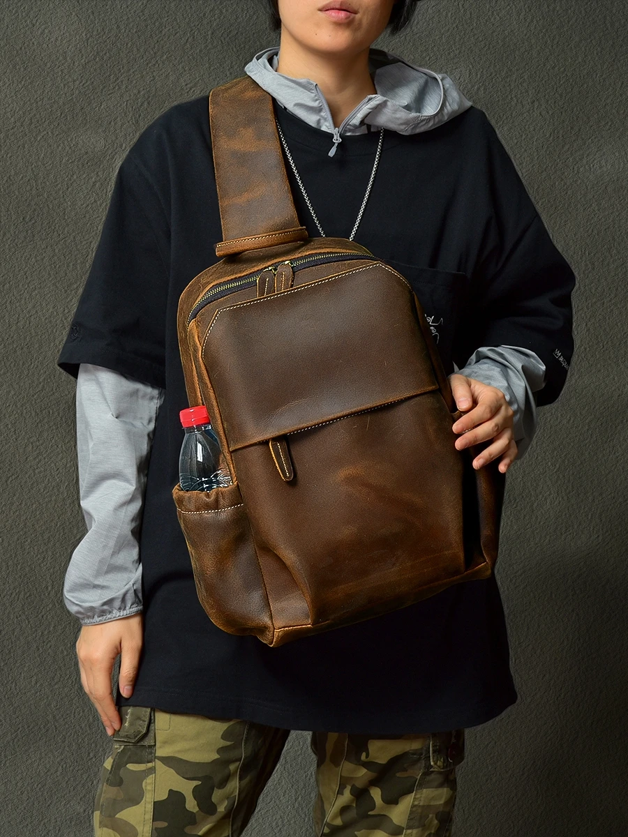 Vintage Genuine Leather Large Capacity Men's Chest Bag Designer Crazy Horse Cowhide Shoulder Bag Motorcycle Crossbody Bag