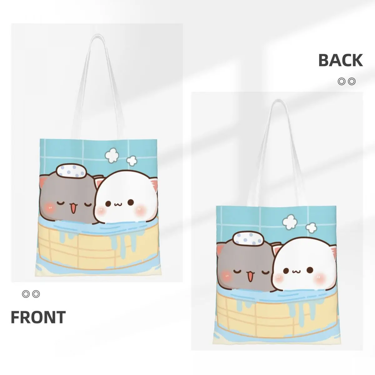 Unisex Peach And Goma Mochi Bathing Tote Bags Canvas Cat Shopping Bag for Child Handbags