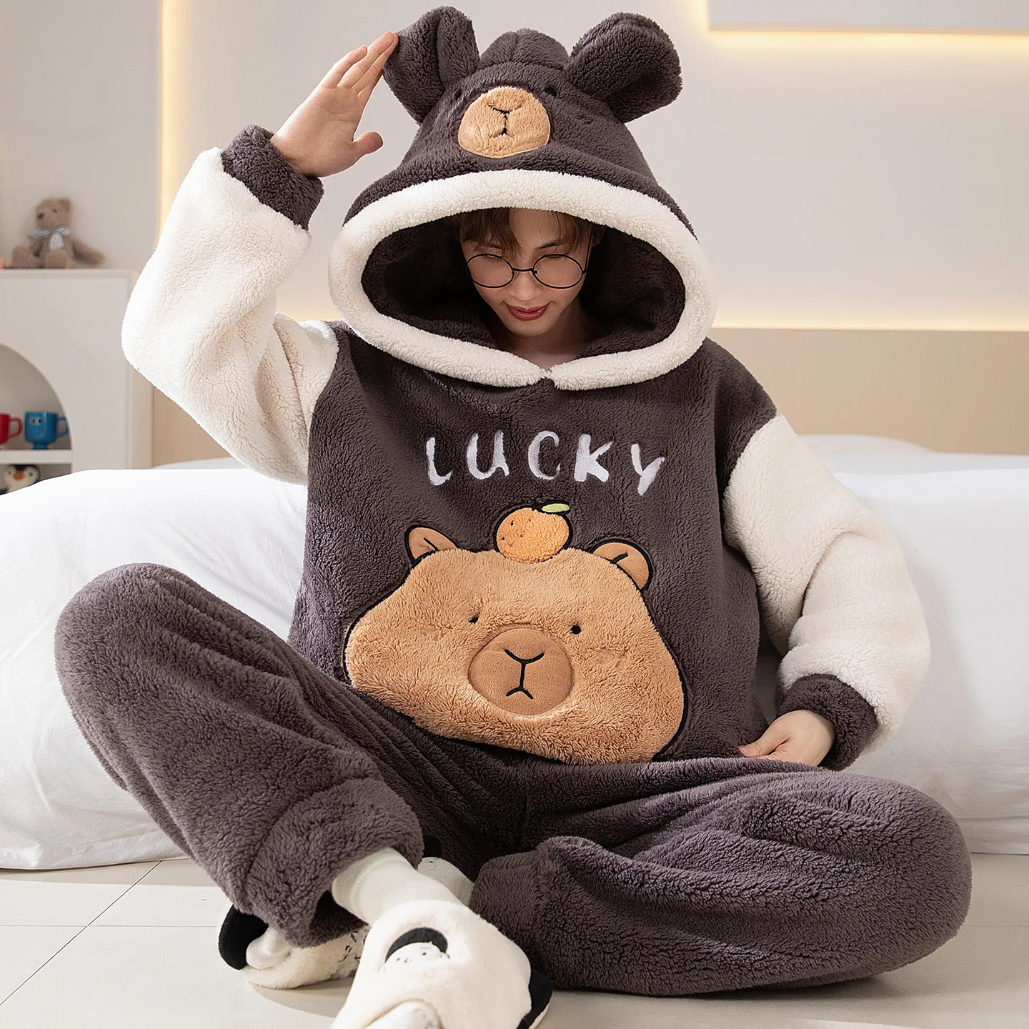 Cute Panda Pajamas Set For Men Thick Plush Fleece Night Clothes Winter Coral Velvet Warm Flannel Pyjama Home Suit Male Sleepwear