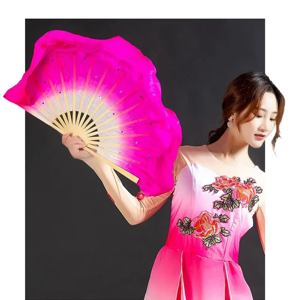 1Pc Chinese Korte Buikdansen Fan Voor Vrouwen 30Cm Bamboe + 10Cm Halve Cirkel Zijden Sluier Paren Yangko Dans Bamboe Fans Hand Dye Volwassenen