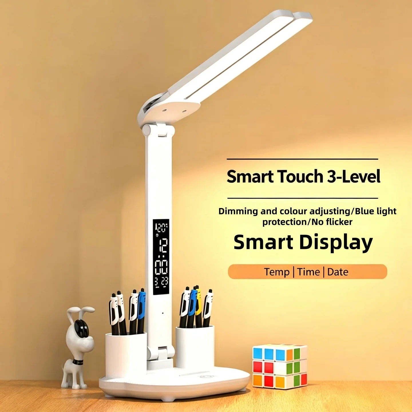 Super Bright Night Desk Lamp with 180° Rotation Touch Control Pen Holder And Time Temperature Display for Reading