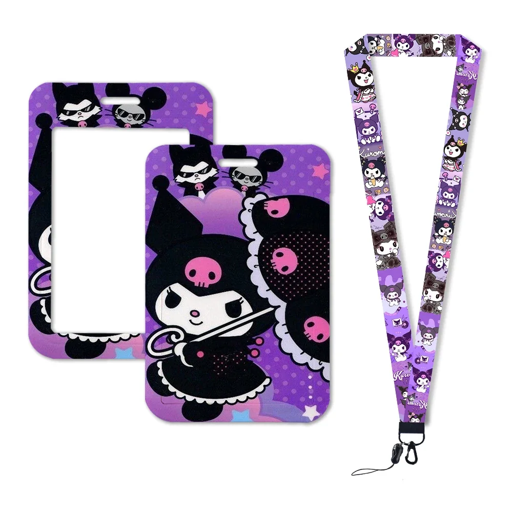 Sanrio kuromi porta-cartões de identificação, cordão para porta de meninas, corda suspensa, porta-crachá, alça de pescoço, cartão de visita, pequeno presente