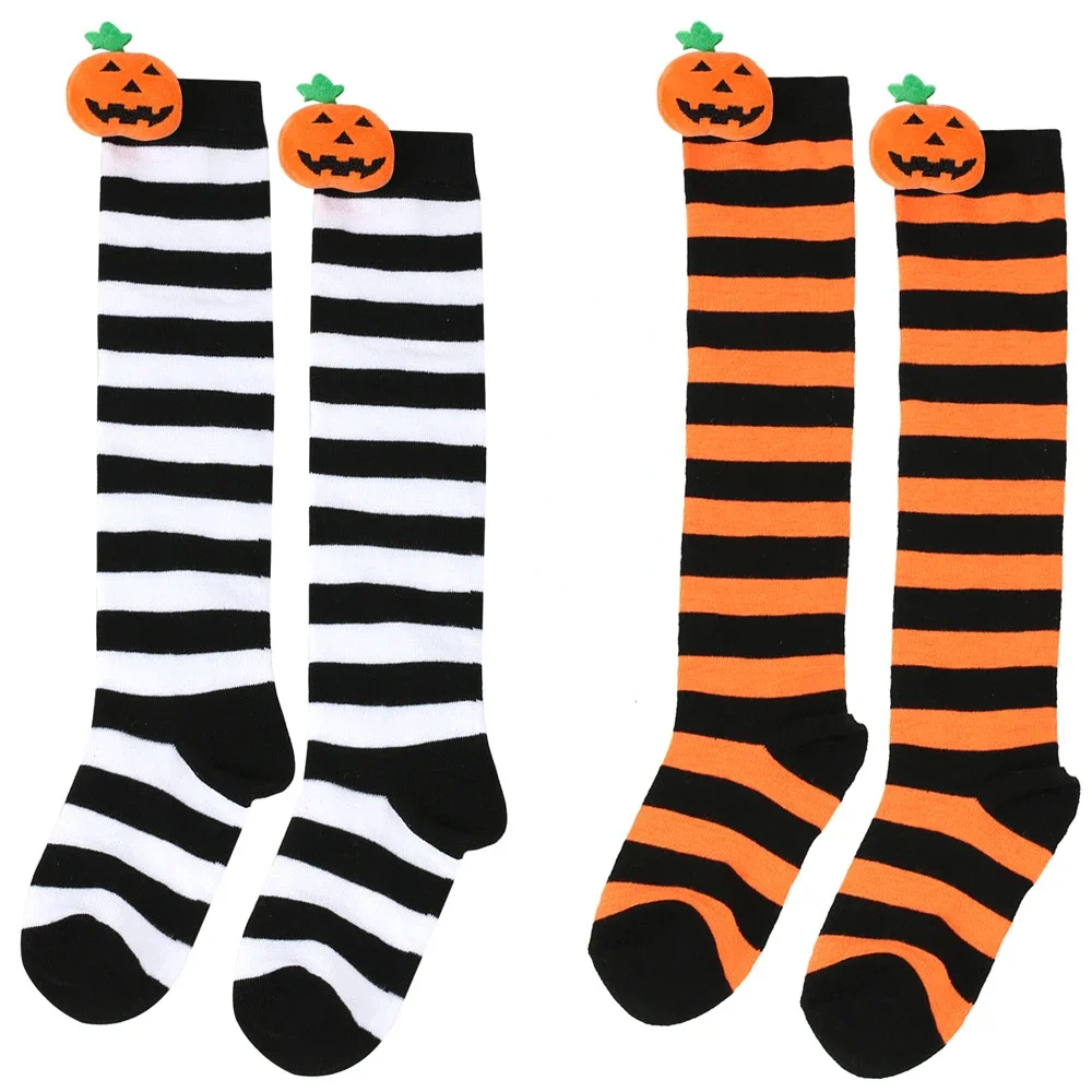 Children Halloween Socks Striped Cartoon Pumpkin Decor Knee-High Socks for Girls Stretch Long Socks Kids Party Cosplay Costume