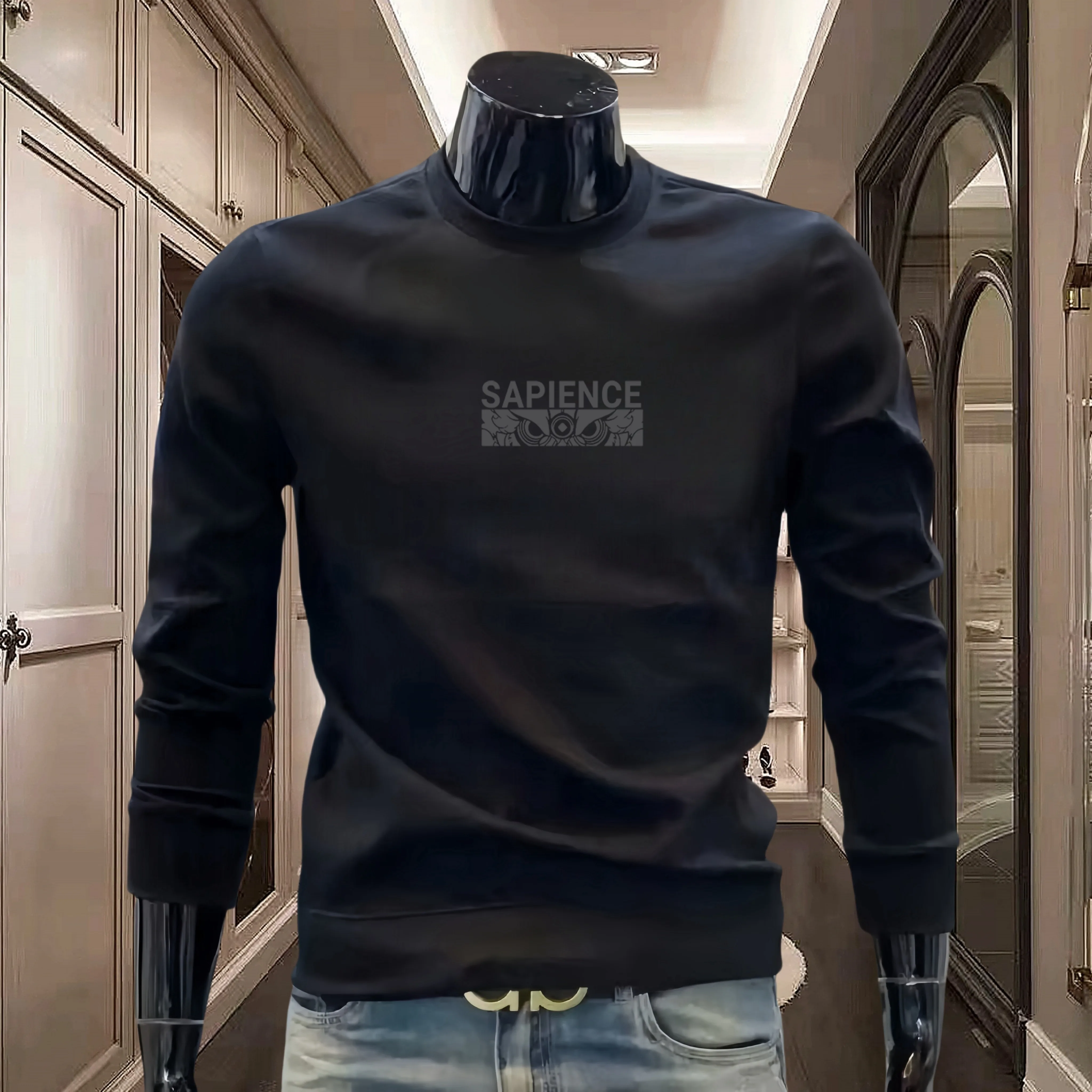 بلوزات رجالية قطنية برسومات صينية ، هودي أنيق ، ملابس رياضية سوداء كاجوال ، توب بأكمام طويلة برقبة دائرية ، جودة عالية #4