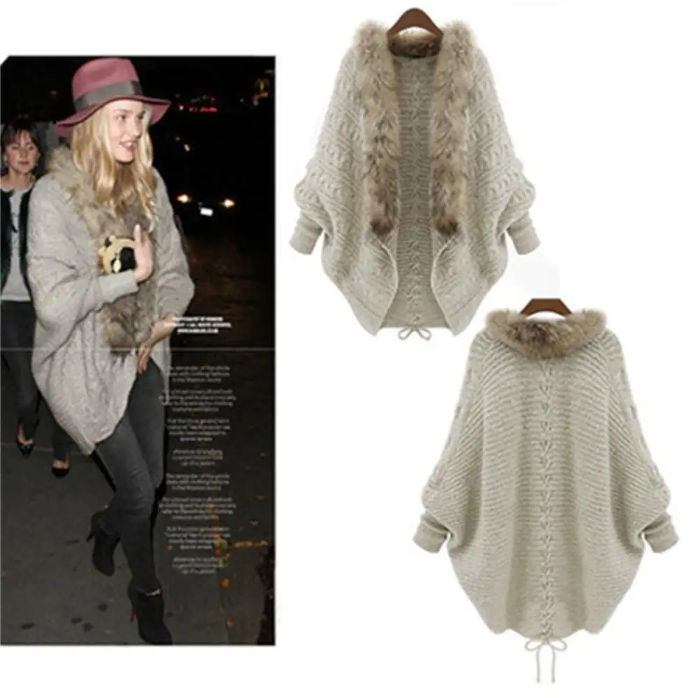 

Womens Winter Warm Faux Fur Collar Shawl Thick Luxury Knitted Bat Sleeve Elegant Scarf Cloak for Evening Dresses Wedding