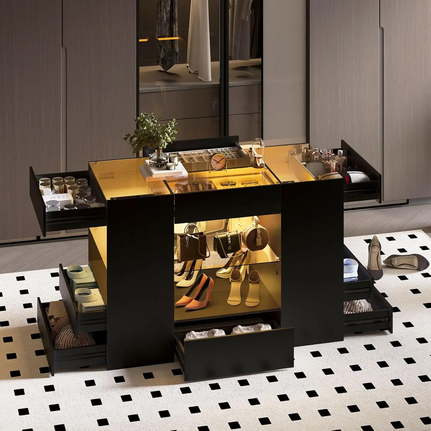 Isla de Armario Moderna con 10 Cajones, Armario con Iluminación LED y Tapa de Cristal, Isla de Vestidor de Lujo, Personalizable