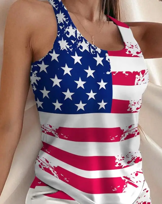 Two Piece Sets Womens Outifits 2023 Summer Fashion Star-Spangled Banner Print U-Neck Sleeveless Tank & Casual Daily Shorts Set