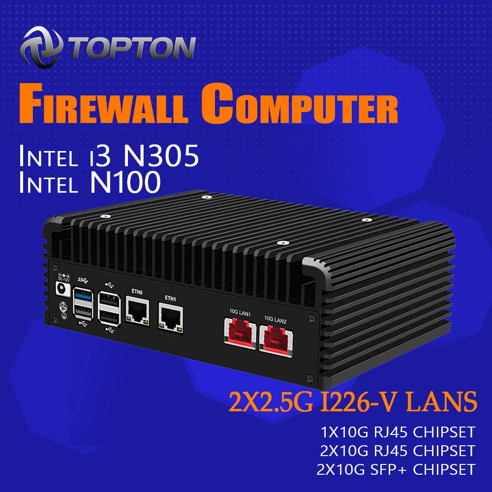 Micro apparecchio firewall 2 Intel I226-V 2.5GbE NIC + 2x/1x 10G LAN SFP Mini computer senza ventola Intel N100 i3 N305 Quad Core AES-NI