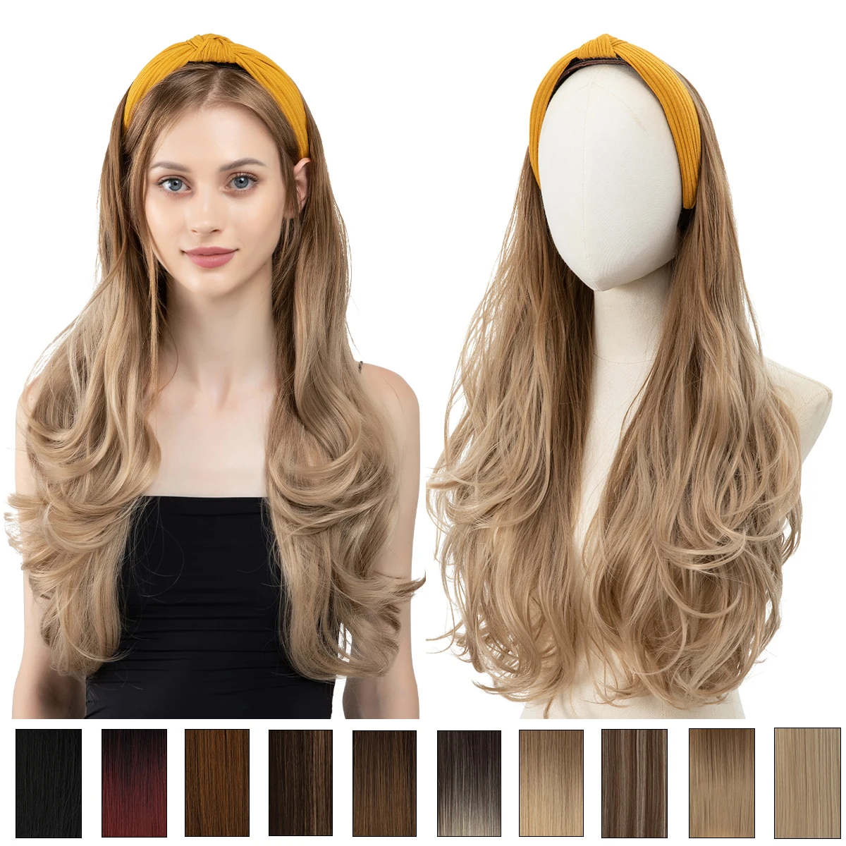 

Wholesale Synthetic Fiber Natural Curly Elastic Girl Hair Headband Long Heat Resistant Half Wig Hair Hoop Wig Headband Wigs