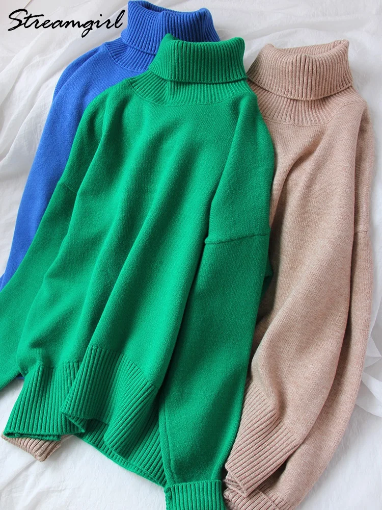 Blue Pullover For Women Turtleneck Sweaters Autumn Winter Thick Warm Knitted Loose Green Vintage Oversize Sweater Women  2022