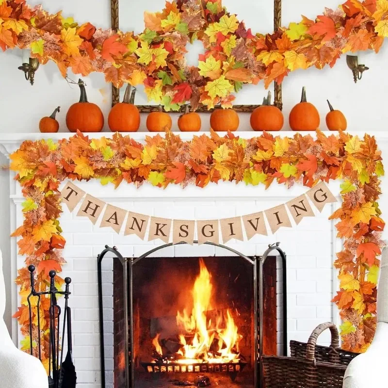 Fall Artificial Maple Leaf Garland Red Orange Hanging Vine Autumn Thanksgiving Decor For Front Door Wall Table Centerpiece