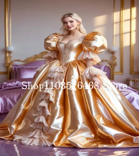 Duchess Victoria Gold Ball Gown Puff Sleeves Ball Gown Lace Evening Dress Georgian Style Marie Antoinette Party Dress Customised