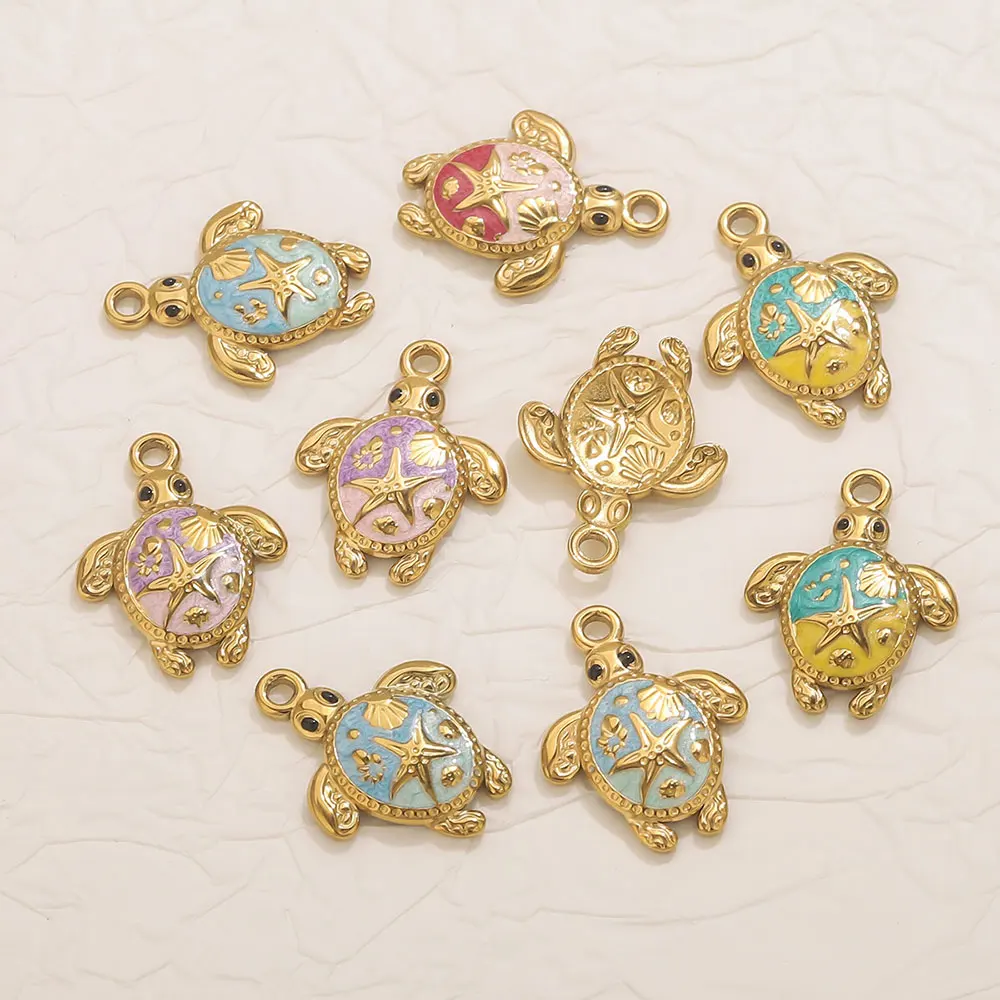 5 uds. De dijes de tortuga esmaltados en relieve de acero inoxidable, accesorios para hacer joyas, pulsera, collar, pendientes, llavero, Material