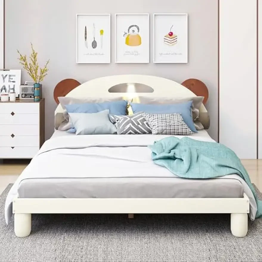 Tempat tidur Platform ukuran penuh dengan telinga beruang berbentuk Headboard dan LED, untuk anak-anak remaja dewasa kamar tidur, rangka tempat tidur dengan pagar pengaman,