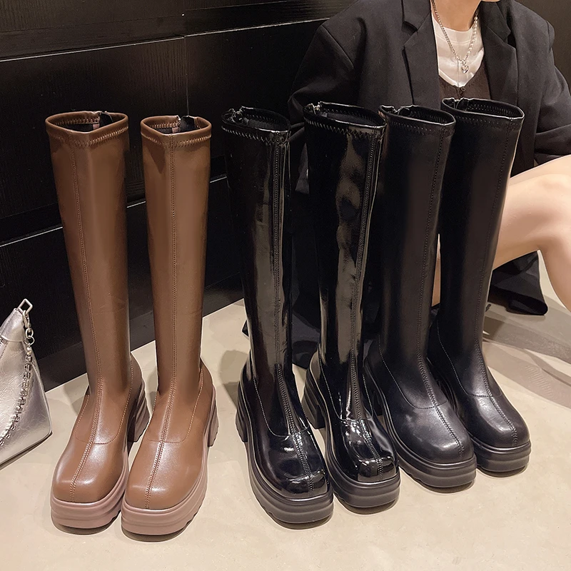 Block Heel High Boots Winter New Round Toe Spliced Back Zipper Platform Non-slip Cotton Shoes