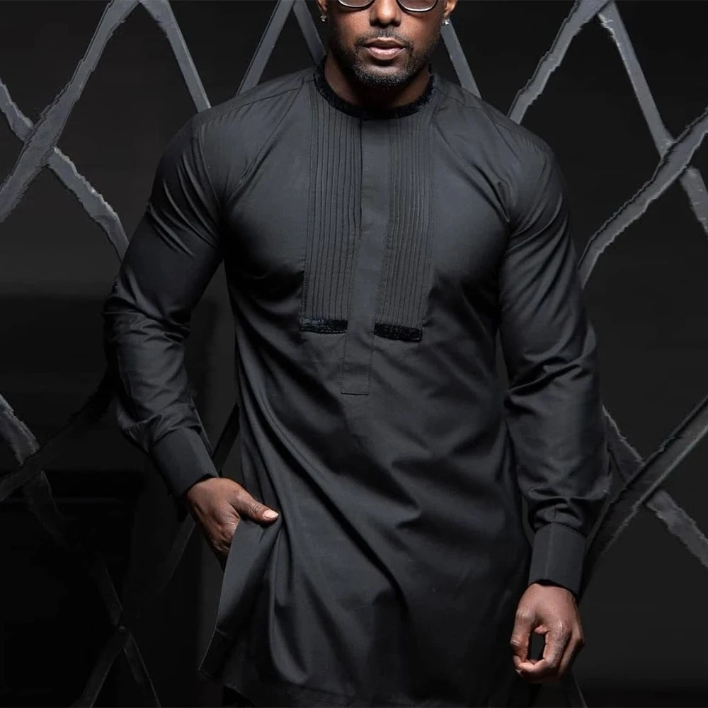 Nieuwe Set Man 2 Stuks Bruiloft Prom Dashiki Mannen Outfit Gestreepte Business Gentleman Lange Mouw Shirt Zwarte Broekpakken Voor Mannen