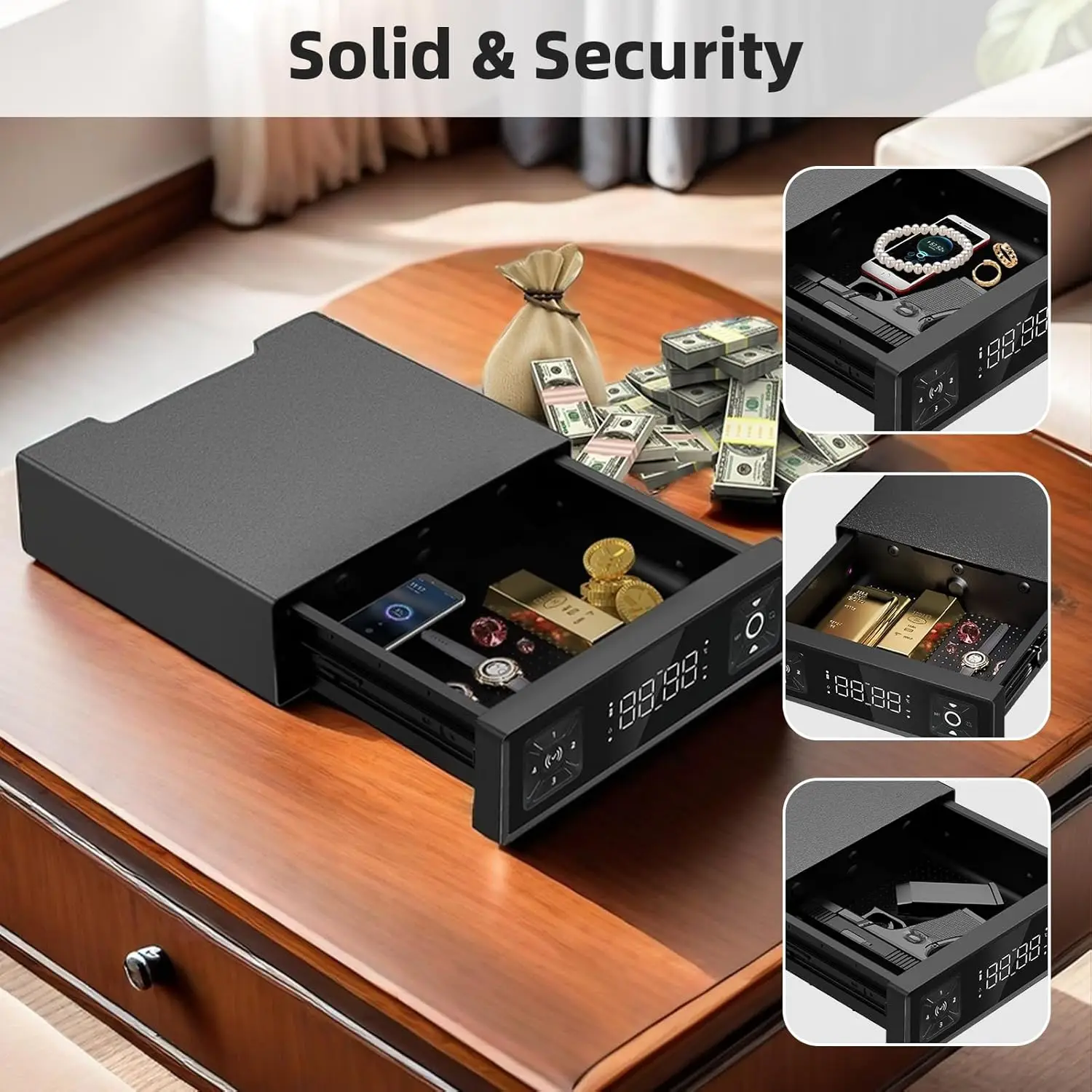 Biometric Gun Safe with LED Clock,Quick Entry Gun Safe Boxes that can be unlocked with Fingerprints,Passwords,APP,Cards,Drawer S