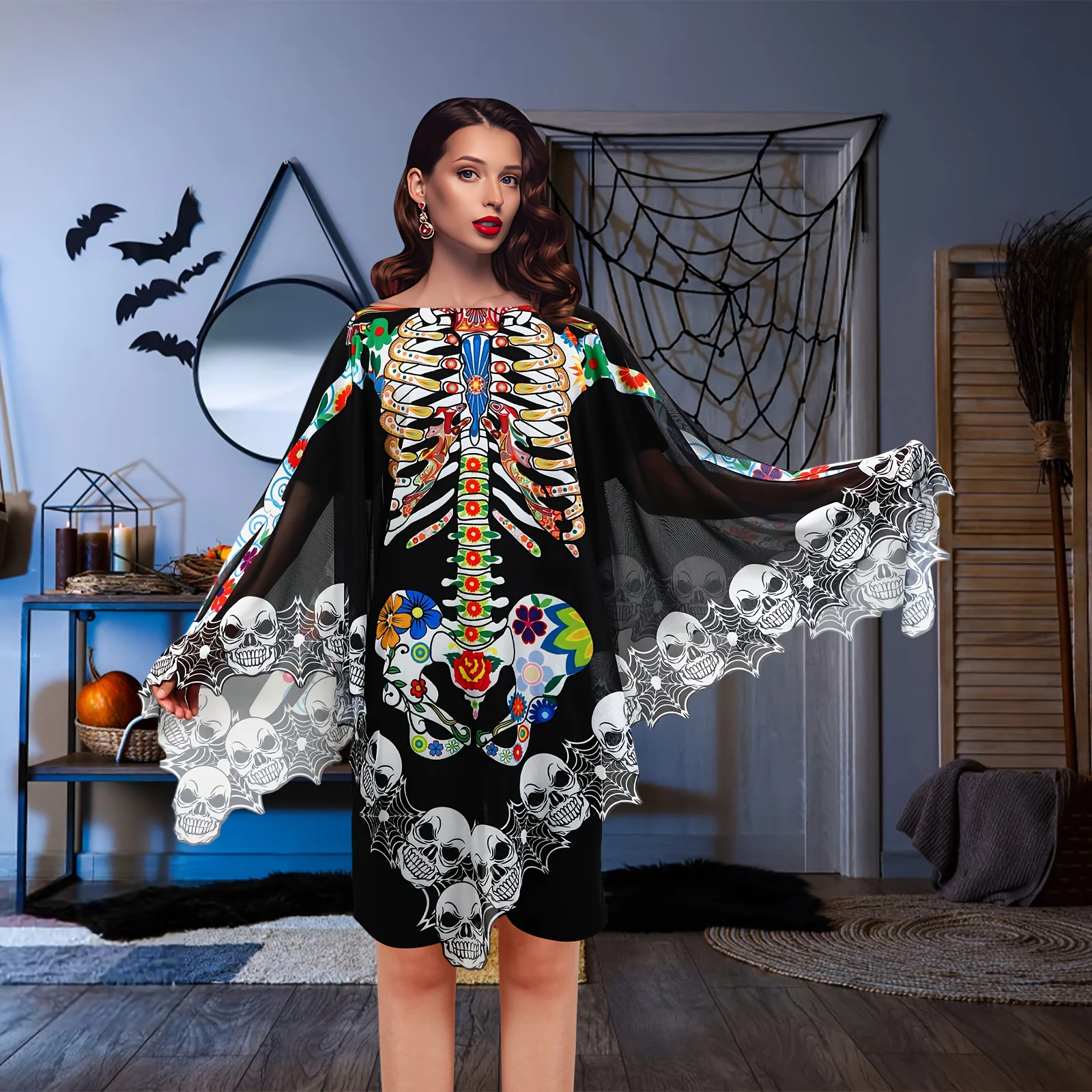 

Halloween Skeleton Poncho, Lace Skeleton Halloween Costume Poncho Day Of The Dead Poncho For Women