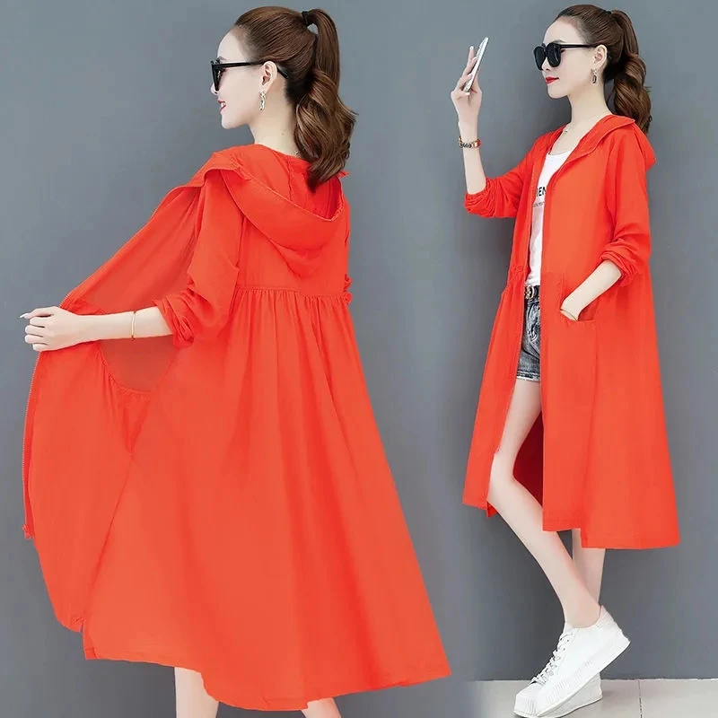 Summer Women\'s Sunscreen Clothing 2023 New Long-Sleeved Korean Thin Breathable Ice Silk Fashion Long Hooded Sun-Protective Coats