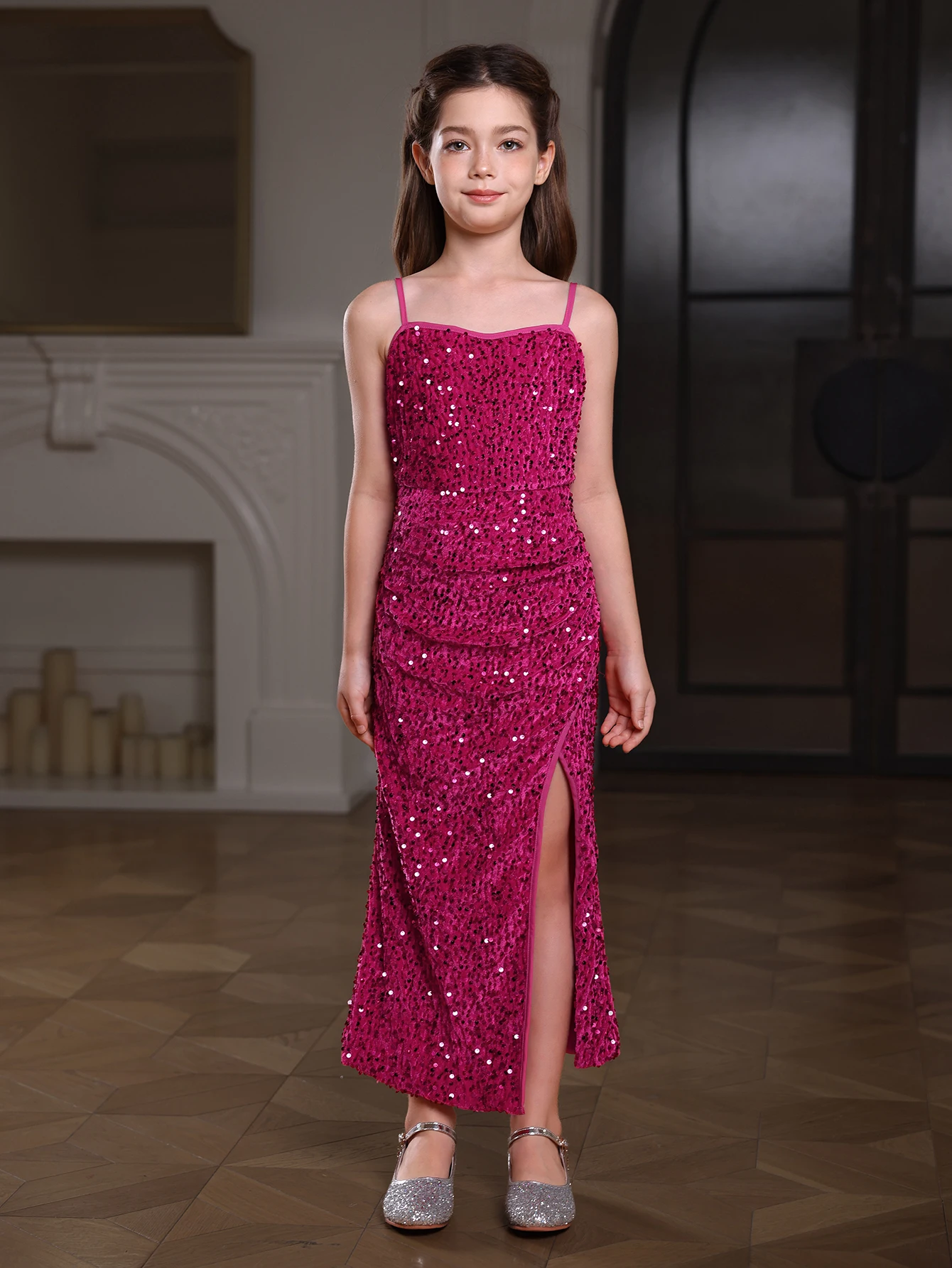 Girls Enchanting Sequined Maxi Gown Dress - Thin Strappy & Split Fish Tail Hem for Birthday Parties, Weddings, Pageants & More