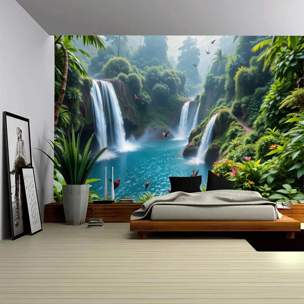 

Natural Waterfall Tapestry Wall Hanging Home Aesthetics Jungle Stream Bird Landscape Poster Dormitory Living Room Decoration