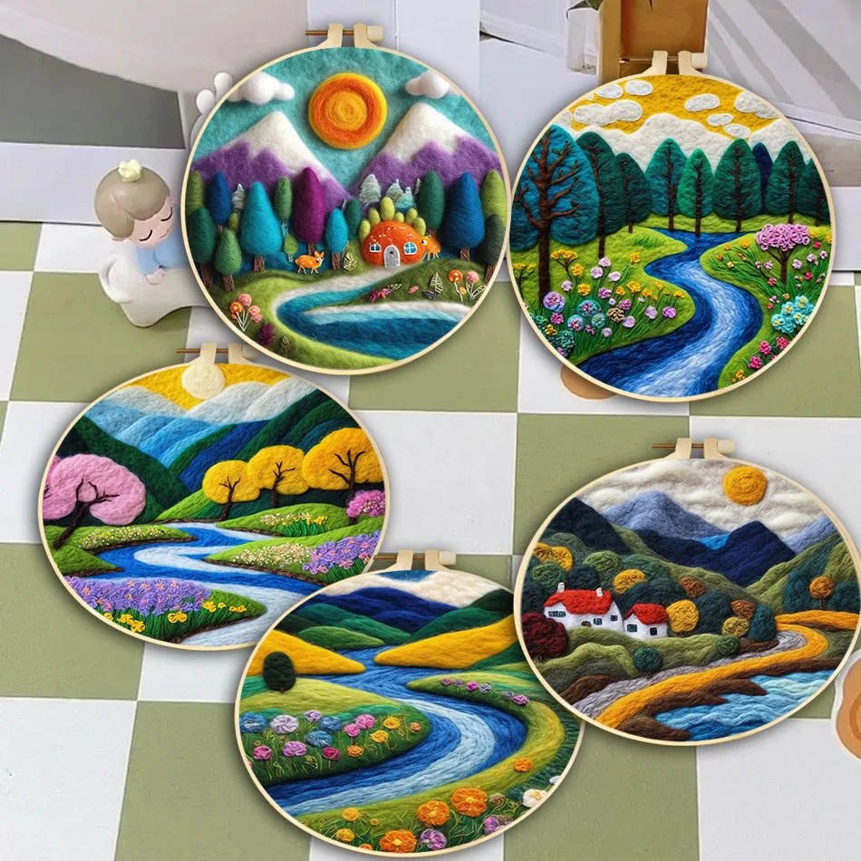

GATYZTORY Wool Felting Painting Kit With Frame Trees, Rivers, and Scenery Diy Felt Package For Friend Gift Home Decoration