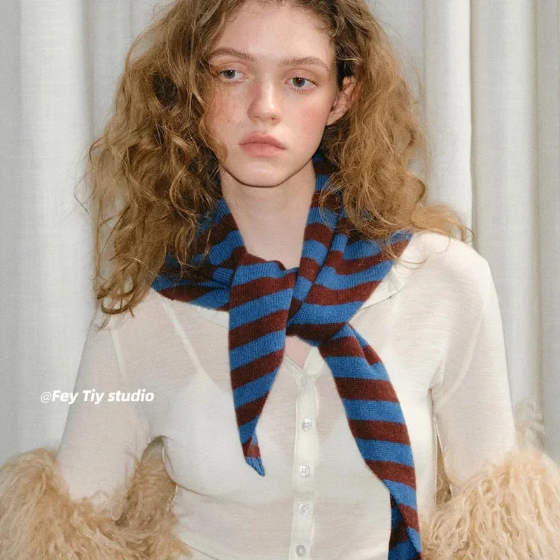 

Versatile Striped Wool-blend Knitted Triangle Scarf Small Versatile Warm Korean Hood Scarf Shawl Neck Scarves Headband Woman
