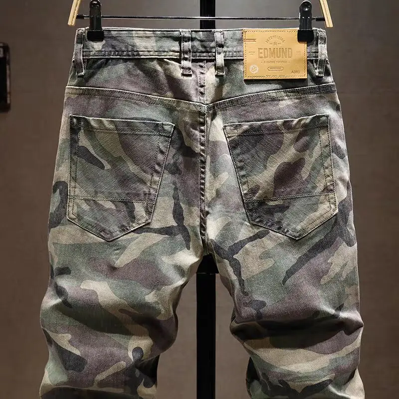Street Designer Fashion Men Jeans Stretch Slim Fit Spliced Camo Cargo Pants Street Hip Hop Vintage Casual Denim Pants Hombre